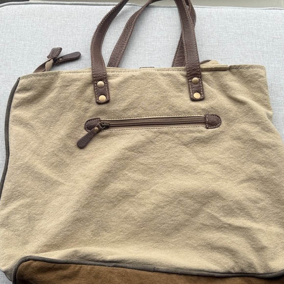 Myra Tote Bag Brown Le Cafe De La Place Provence Cotton and Leather - Picture 14 of 14